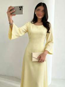 Yasmyna Round Neck Back Hollow Pearl Embellished Waist-Cinched Yellow Arabian Dress - Yellow - View 5