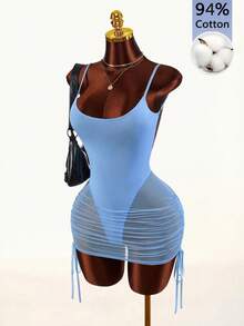 Amplova 2026 New Romantic Semi-Sheer Basic Fitted Comfortable Women's Mini Dress - Blue - View 7