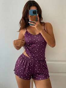 DAZY 甜美碎花無袖背心上衣與短款睡褲套裝，女款夏季睡衣套裝 - 紫色 - 查看 6