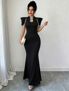 Elenzga Damen-Modekleid mit Stickerei, vielseitig, Froschknopf und Fischschwanz-Saum - Schwarz - Übersicht 8