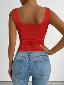 Allurite Summer Casual Solid Color Square Neck Ruched Camisole For New Year Clothes - Red - View 3