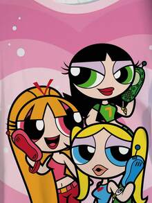 THE POWERPUFF GIRLS X SHEIN Plus Size Cartoon Print Round Neck T-Shirt All Over Print - White - View 4