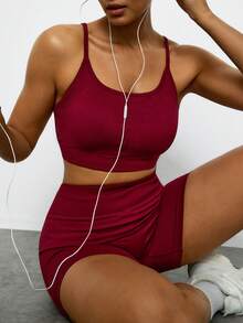 Levarali Plus Size Women's Solid Color Cami Tank Top And Shorts Sports Set Sports Bra And Athletic Shorts Set, Yoga Outfit For Daily Workouts And Running - Burgundy - View 1