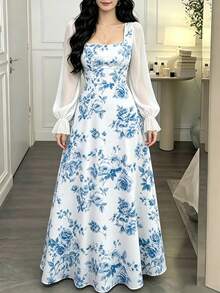 Modelyn 鈷藍色玫瑰花卉印花大尺碼女裝洋裝，女款時尚方領燈籠長袖長洋裝，夏季收腰優雅長裙，花卉圖案白色洋裝，適合夏季度假與日常穿著 - 彩色 - 查看 4