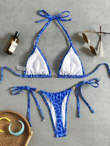 Swim Vcay 女款兩件式熱帶性感豹紋比基尼套裝，附金屬配件，適合度假與休閒穿著 - 彩色 - 查看 2