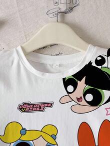 THE POWERPUFF GIRLS X SHEIN Tween Girl Blossom, Bubbles, Buttercup Pattern Short Sleeve Tee Powerpuff Tween Girl Anime Shirt Powerpuff Girls Shirt Cartoon Print Shirt Cartoon Graphic Tee - White - View 5