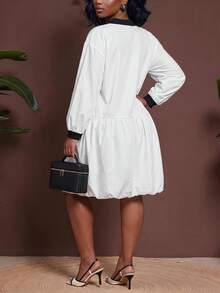 Veslaya Plus Size Women's Colorblock Pleated Casual Party Dress Fall - Black and White - View 2