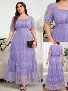 SHEIN Clasi Plus Size Summer Elegant Solid Color Lace Dress - Purple - View 1