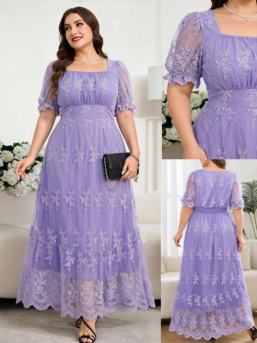 SHEIN Clasi Plus Size Summer Elegant Solid Color Lace Dress - Purple - View 1