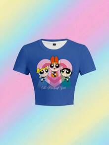 THE POWERPUFF GIRLS X SHEIN 女士卡通印花紧身休闲圆领短袖T恤，夏季 - 白色 - 查看 1