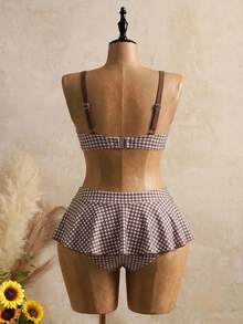 Swim Mod Conjunto de traje de baño de 2 piezas para mujer, nuevo verano 2026, estilo dulce y lindo, estampado a cuadros, con aros, camisola, color beige, talla grande, para vacaciones en la playa - Café integral - Ver 2