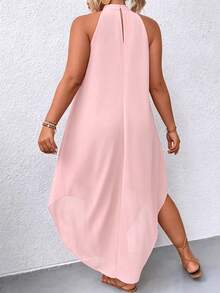 EMERY ROSE Plus Solid Asymmetrical Hem Halter Neck Dress Maxi Women Outfit - Baby Pink - View 2