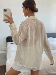 DAZY 女款純色休閒百搭春夏寬鬆長袖翻領口袋襯衫校園風 - 杏色 - 查看 2