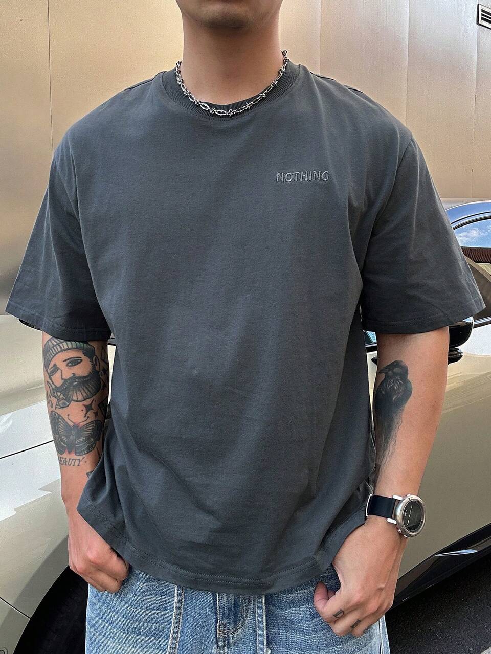 Short Sleeve Grey Pattern Letter Embroidery Men's T-Shirt Summer