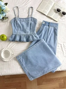 Comfortcana 大码女式荷叶边吊带背心和阔腿牛仔裤休闲度假约会两件套 - 淺色水洗藍 - 查看 2