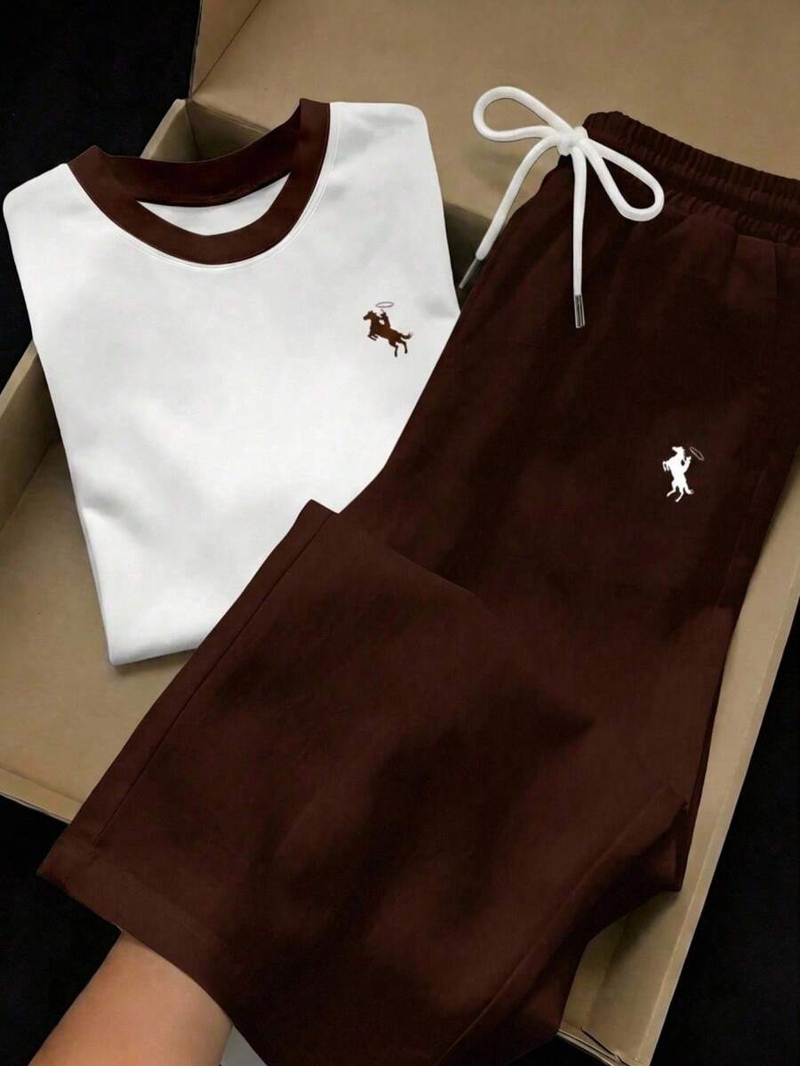 SHEIN EZwear 2pcs Set Embroidered Round Neck Short Sleeve Top And Striped Print Pants, Casual - Brown - View 1