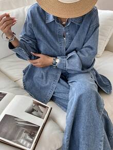 DAZY 女士宽松休闲复古水洗长袖衬衫搭配直筒牛仔裤套装，适合春夏穿着 - 藍色 - 查看 8