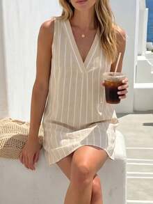 SHEIN Holidaya Fashion V-Neck Sleeveless Striped Dress - Apricot - View 4