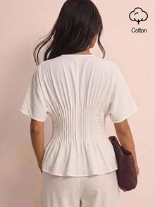 COSMINA Women's Casual Elegant Ruffle Waist Off-White Blouse Brunch Summer/Work Outfits For Women - White - View 3