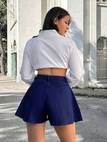 EURMUSE 100Cotton MID WAIST DIAMOND DETAILED SHORT Work Navy Blue Summer Streetwear - Dark Wash - View 2