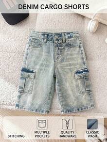SHEIN Baby Boys' Street Cool Washed Camo Cargo Pocket Loose Fit Denim Jeans,Casual And Versatile For Baby Boys Fall/Winter Clothes Casual Festival Beach Graduation Ceremony Vacation Comfortable Comfortable & Chic,Casual & Street Style, Summer,Suitable For Spring And Summer Wear, Elegant And Holiday Wear,Spring Break Summer Beach Vacation Wear Festival Outfits For  Party Wedding Graduation Prom Birthday Casual Vacation - Medium Wash - View 1