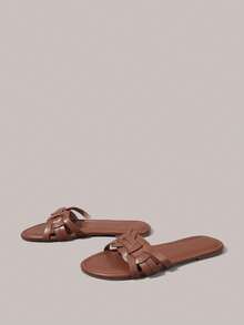 Styleloop Women Shoes Round Toe Flat Bottom Brown Cross Upper Women Flat Sandals Light Comfortable Simple Commute Daily Vacation Travel Women Flat Sandals - Brown - View 4