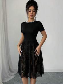 Feyla Women's Faux Pearl Decorated Round Neck Short Sleeve Lace Hem Elegant Modest Short Dress Party Dinner Black Summer - Black - View 6