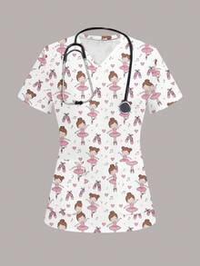 PopScrub Atasan Seragam Medis Wanita Motif Balet Lucu, Cocok untuk Anak-anak dan Rumah Sakit Hewan Peliharaan - MultiWarna - View 7