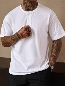 DAZY Men's Short Sleeve Round Neck Partial Button-Up T-Shirt, Summer - White - View 3