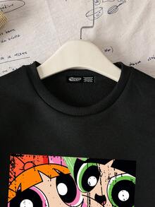 THE POWERPUFF GIRLS X SHEIN Tween Girl 休闲卡通印花长袖圆领运动衫，适合秋冬季 - 黑色 - 查看 4