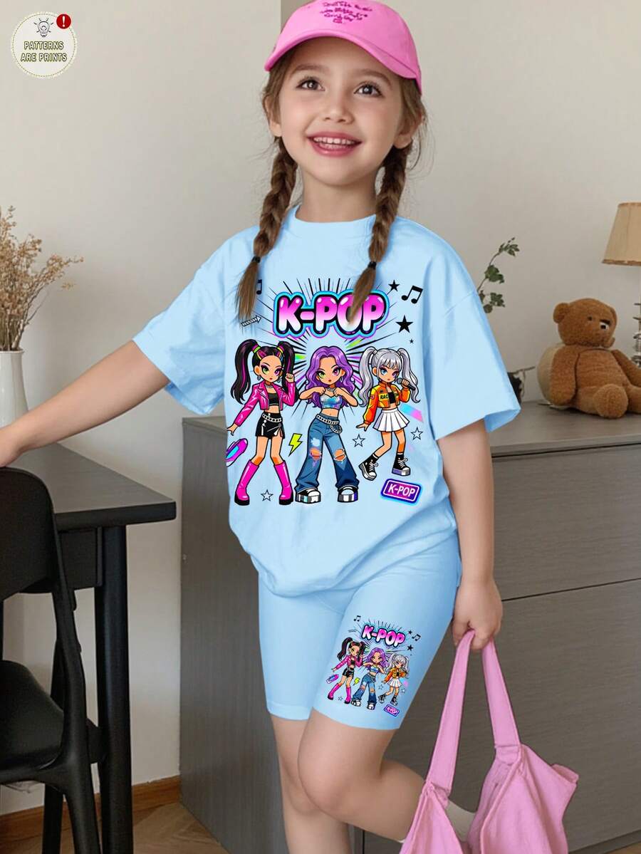 兒童女童 2件組休閒極簡時尚彩色 K-POP 女團字母星星印花短袖T恤與短褲套裝,適合學校夏季穿著 - 彩色 - 查看 1