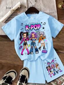Young Girl Round Neck Letter Cartoon Print Short Sleeve T-Shirt And Shorts Casual Daily Set - Multicolor - View 2