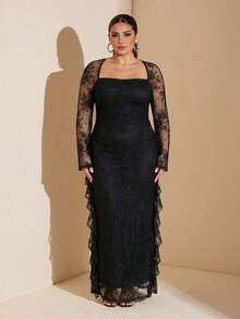 SHEIN BAE CURVE Plus Size Women's Contrast Lace Ruffle Elegant Dress Fall - Black - View 6