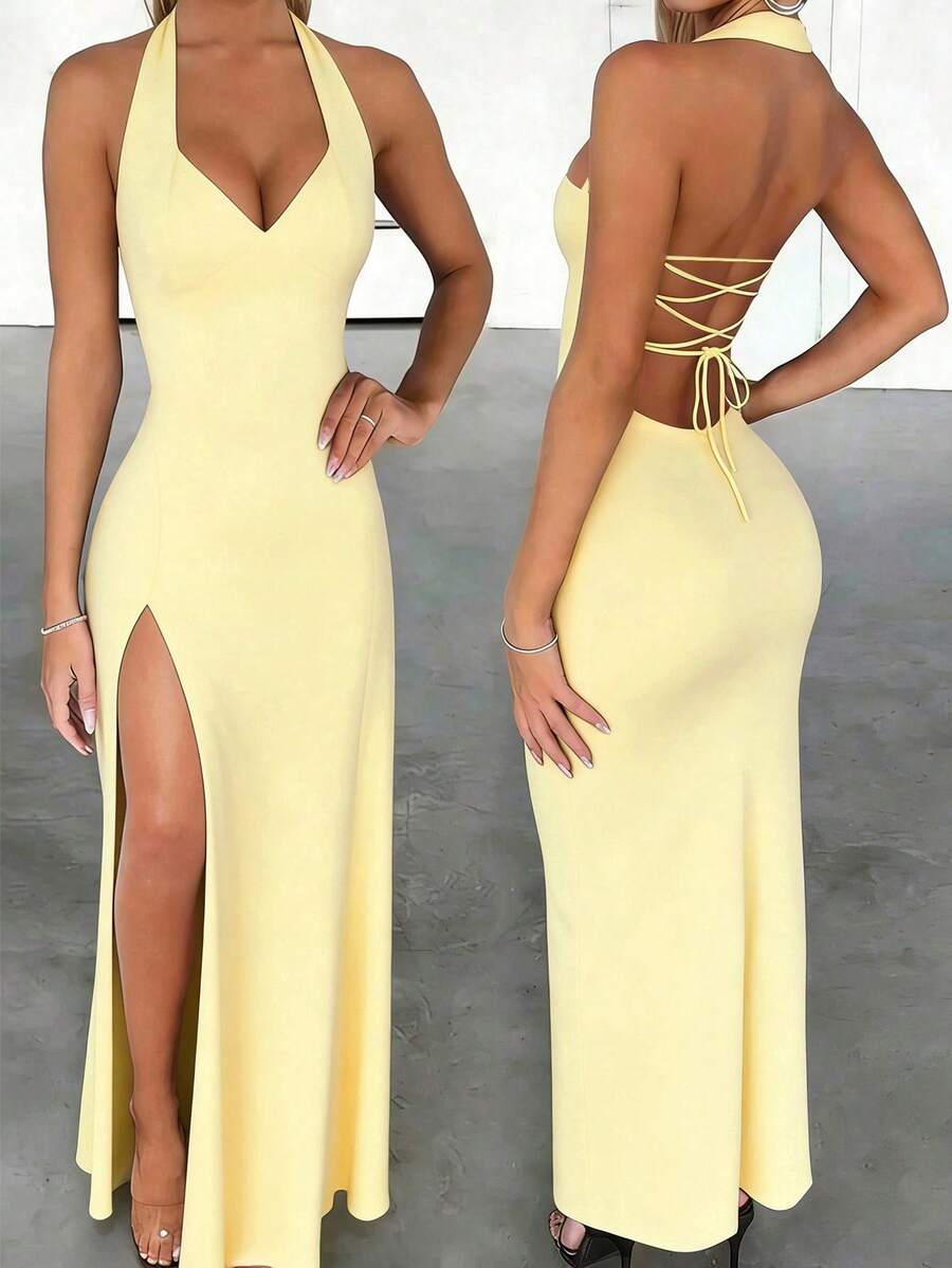 INAWLY Solva Women's Deep V-Neck Halter Tie Backless High Slit Maxi Dress - Yellow - View 1