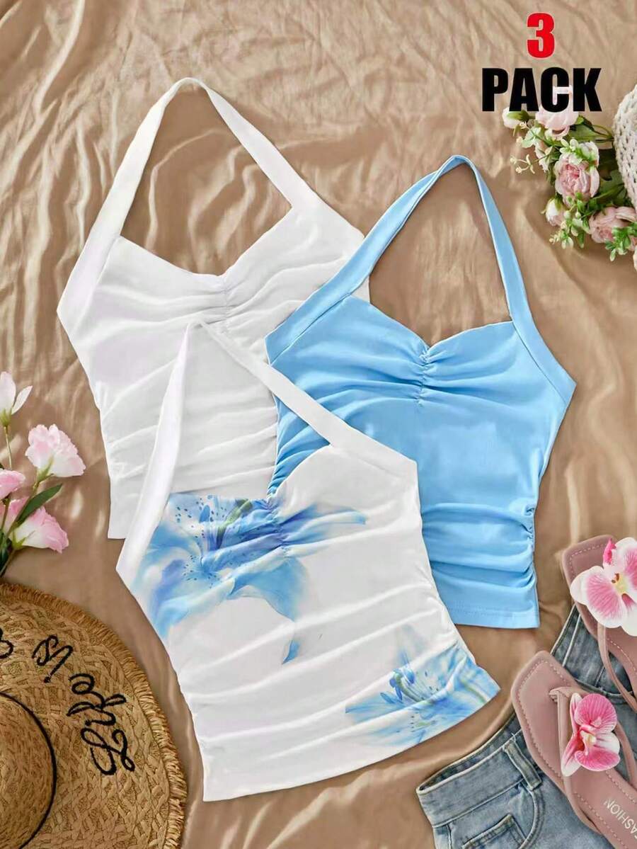 SHEIN Sparklyn 青少年女孩春夏季時尚可愛舒適波浪圖案蝴蝶結吊帶背心上衣,適合外出與聚會 - 藍色 - 查看 1