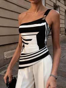 SHEIN PariChic Elegante asymmetrische gestreifte Bluse mit Perlen für Damen, Schwarz & Weiß, geeignet für Gala, Frühling/Sommer, Strand, elegante Party, Lässig, Hochzeitsgast, luxuriöses Abendkleid, Urlaub, Abschlussfeier, Geburtstag, Sommerurlaub, Büroalltag - Schwarz und Weiss - Übersicht 1