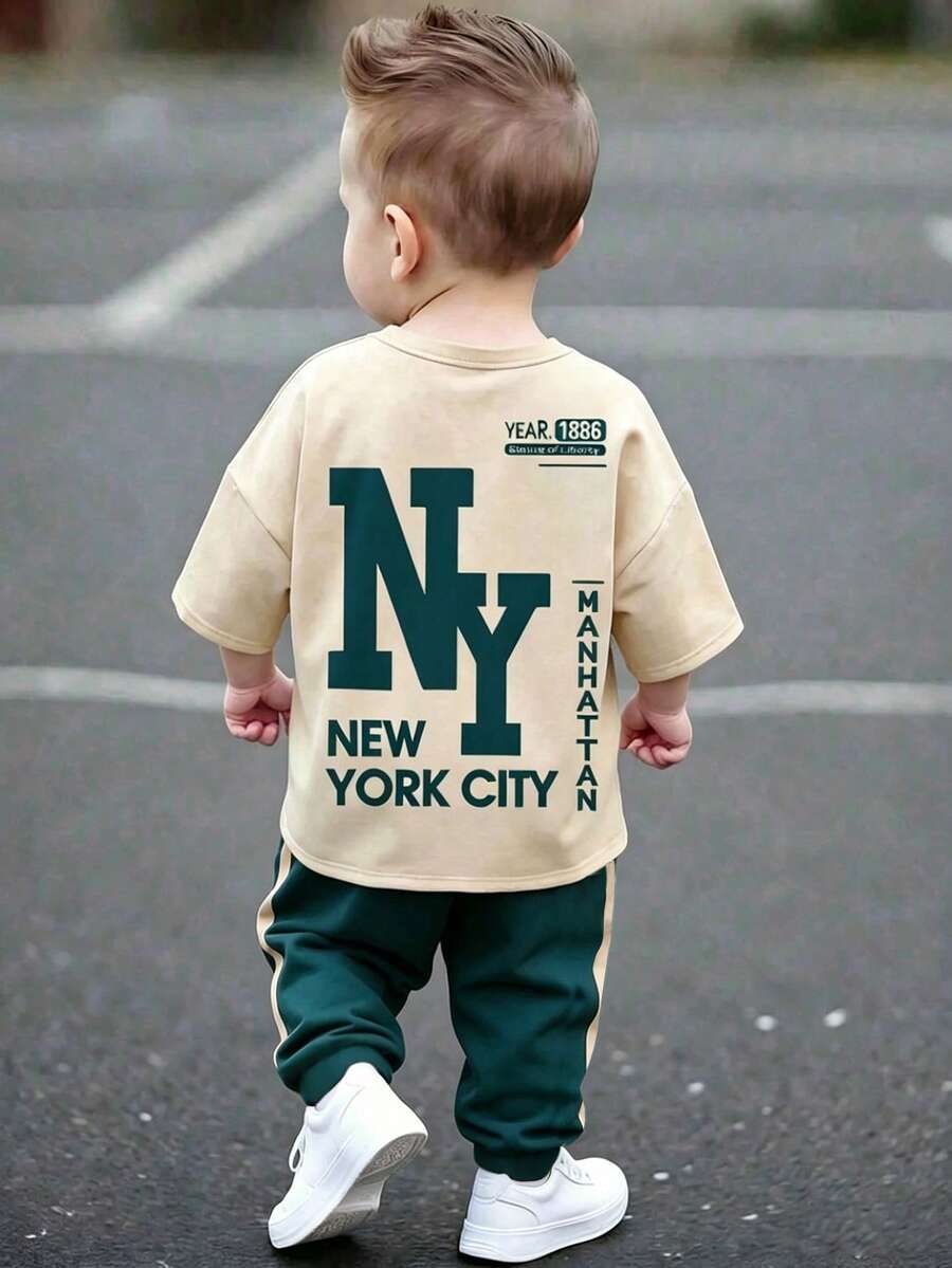 男嬰長褲套裝，休閒極簡風，英文字母NY，運動復古美式撞色寬鬆舒適短袖T恤與側邊撞色條紋運動長褲套裝，運動，春/夏季戶外玩耍 - 彩色 - 查看 1
