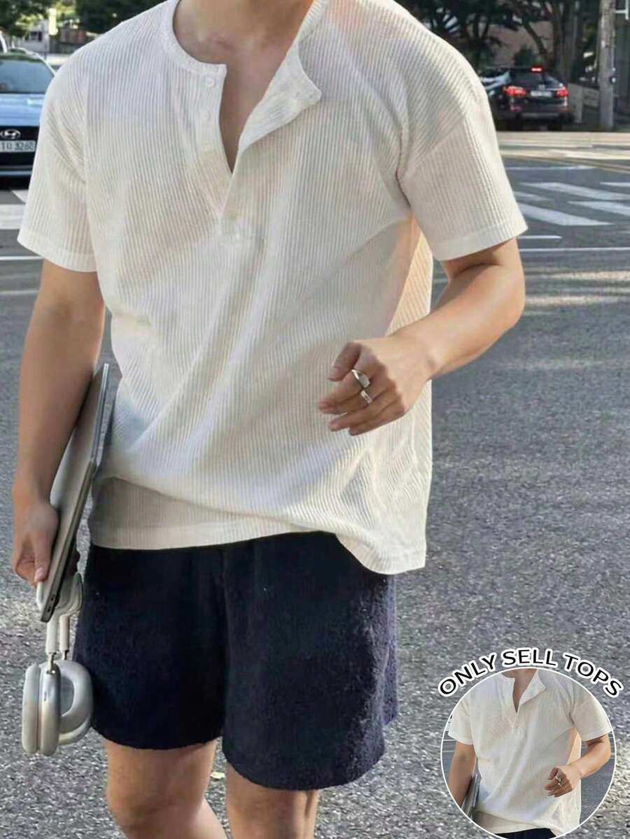 Neovey Men's Solid Color Button Half Placket Short Sleeve Casual T-Shirt - White - View 1