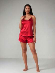 SHEIN Satin Cami Top With Shorts PJ Set / Pajama Set - Red - View 3