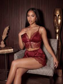 Silforma Contrast Lace Bow Detail Cami PJ Set / Pajama Set - Burgundy - View 4