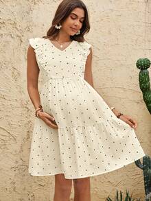 Boho Mama Vestido de maternidad y lactancia con textura de lunares y bajo con volantes - Albaricoque - Ver 4