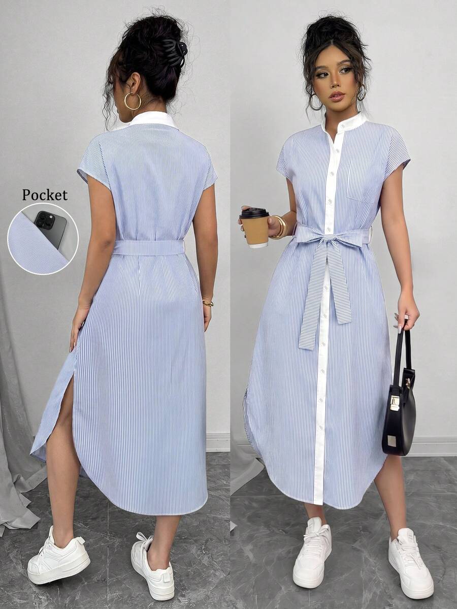 SHEIN Raffinéa Business Casual Old Money Style Blue Striped Shirt Dress Short Sleeves Spring And Summer Vacation - Blue and White - View 1