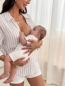 SHEIN Maternity Outdoor Lightweight Button-Up Nursing Shirt - Khaki - View 2