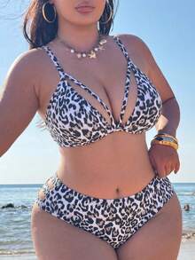 Swim SXY 大尺碼女款純色性感比基尼上衣，適合夏季海灘派對穿著，粉色豹紋印花 - 彩色 - 查看 4