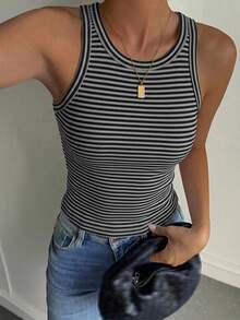 DAZY 秋冬修身優雅休閒純色女款背心，夏季Y2K城市度假風黑白條紋 - 灰色 - 查看 4