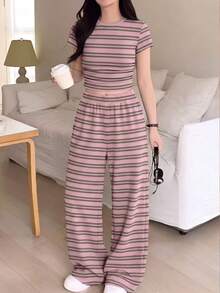 Conjunto de 2 piezas casual con estampado de rayas para vacaciones de verano para adolescentes - Multicolor - Ver 5