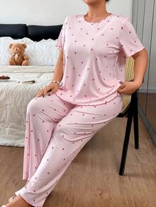Napfluff CURVE Napfluff CURVE Conjunto de pijama acanalado para mujer talla grande con estampado romántico de corazones - Rosa - Ver 5