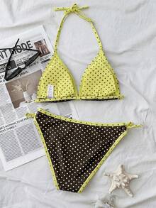 SHEIN 黃色與棕色圓點、可反穿圓點泳衣青少年女孩純色極簡海軍藍&白色對比色細肩帶比基尼套裝，休閒海灘度假穿搭，夏季時尚新品，適合夏季穿著，提供輕鬆舒適的感覺 - 彩色 - 查看 2