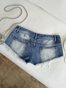 SHEIN Women's Ultra Low Waist Rivet Vintage Denim Mini Shorts - Blue - View 5