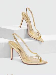 CUCCOO SZL Women Shoes Gold Metal PU Splicing TPU Buckle Design Fashionable Sexy Elegant Business Spring And Summer Stiletto Pointed Sandals - Light gold PU - View 2